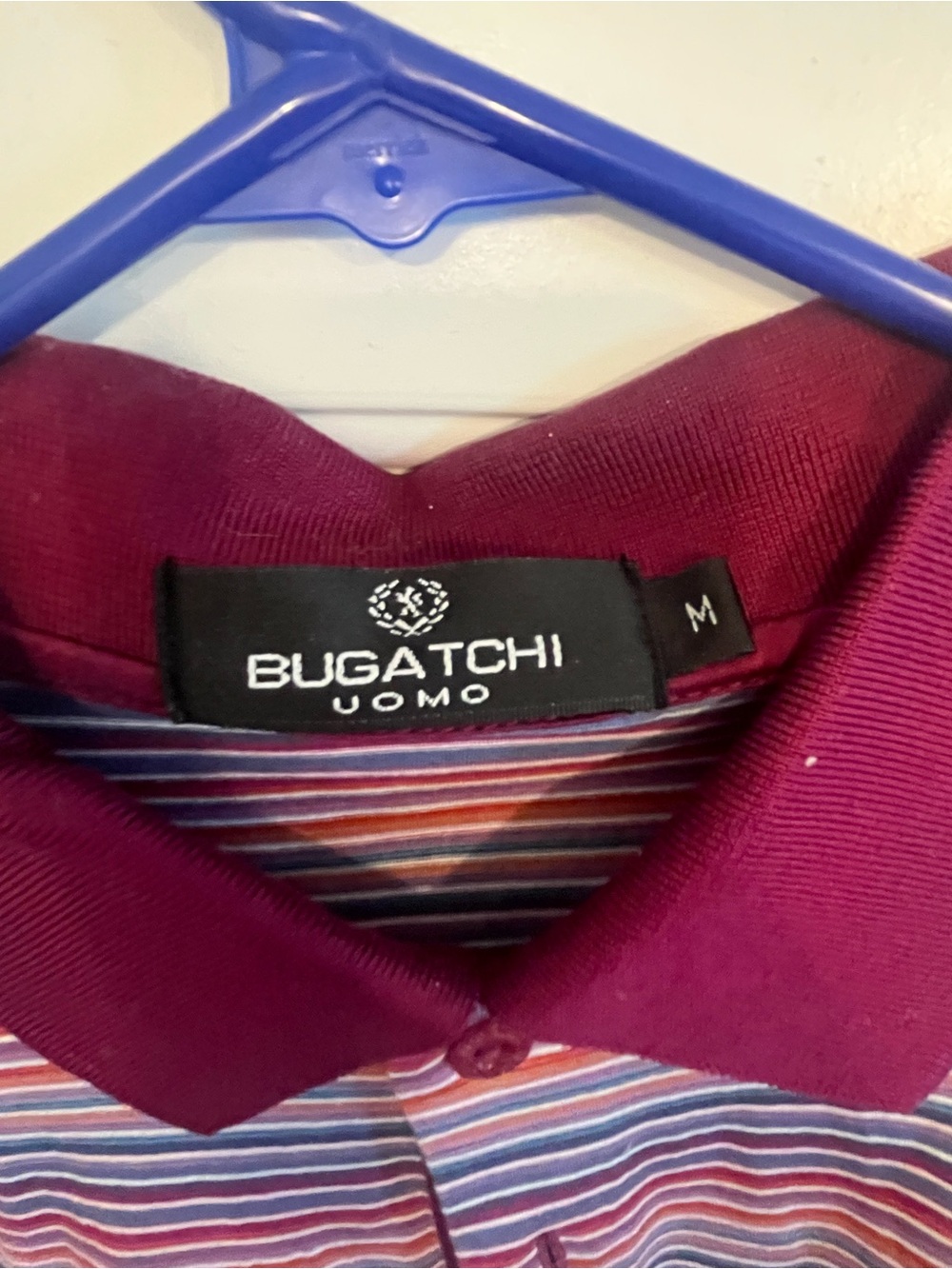 Bugatchi Striped Polo with Burgundy Collar
